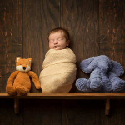 Newborn on a shelf with teddies (composite)